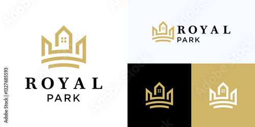 Home logo design for royal park, Housing logo integrated with symbol crown concept, Creative modern royal home with gold color and luxury monogram style, Building house combination with crown sign.