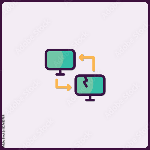 Data Transfer Icon: Synchronized Network Connectivity with Faulty Monitor Illustration