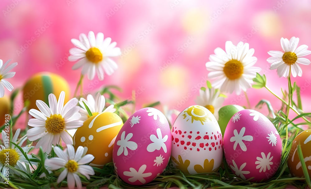 Happy easter horizontal banner with easter eggs spring flowers on pink background easter border border easter spring decoration background card frame holiday Happy easter horizontal banner with easter eggs spring flowers on pink background easter border border easter spring decoration background card frame holiday
