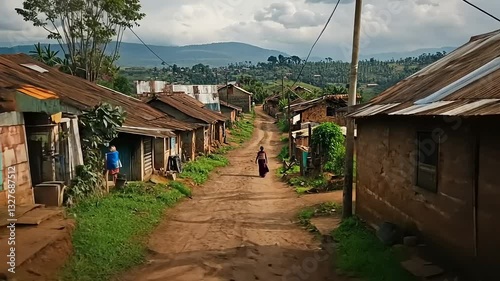 Rural Village Scene in Uganda: A Dirt Road Through Humble Homes