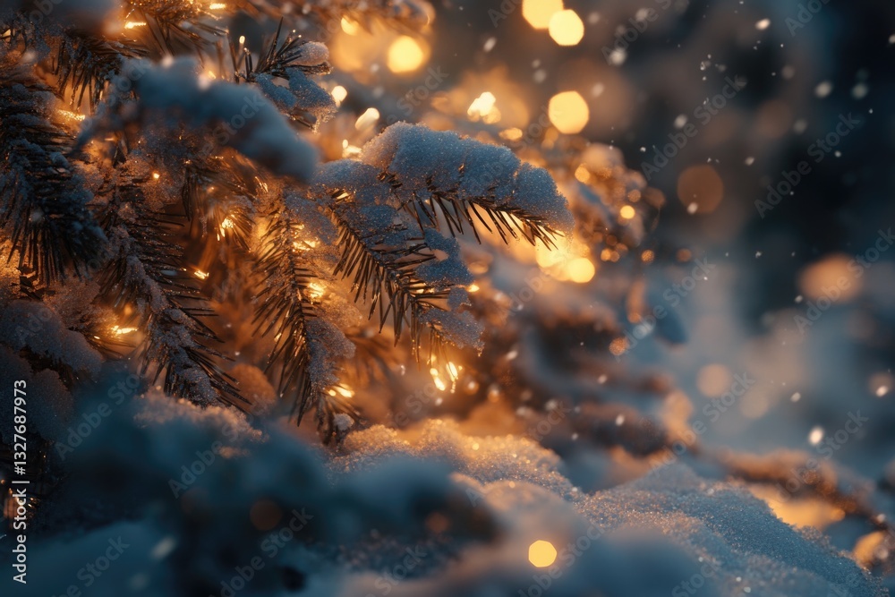 A close-up shot of a tree branch heavily coated with snow, highlighting the intricate details of the winter landscape A close-up shot of a tree branch heavily coated with snow, highlighting the intricate details of the winter landscape