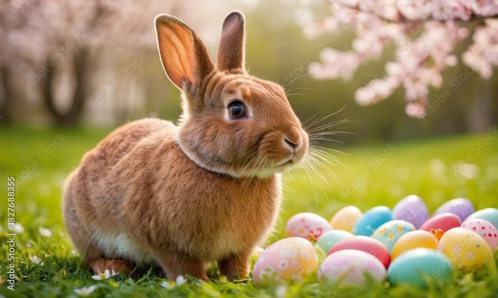 Fototapeta premium Adorable Easter Bunny Surrounded by Colorful Eggs in a Spring Meadow