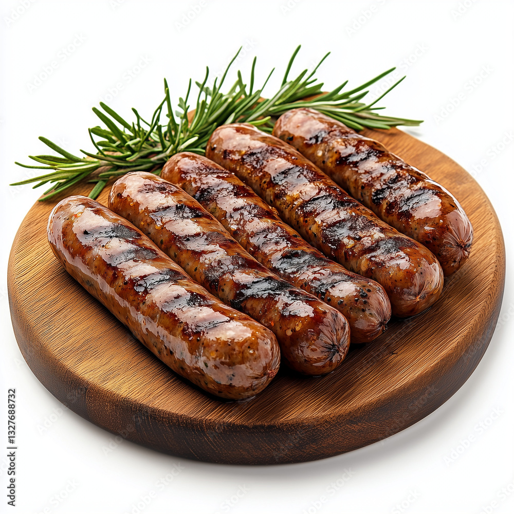 Grilled Smoked Sausages on Wooden Board Isolated on White Background