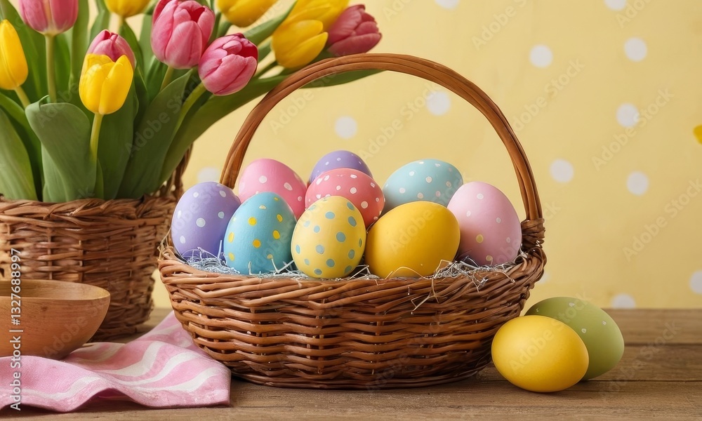 Colorful Easter Eggs in Basket with Tulips on Wooden Table, Celebrating the Holiday Colorful Easter Eggs in Basket with Tulips on Wooden Table, Celebrating the Holiday