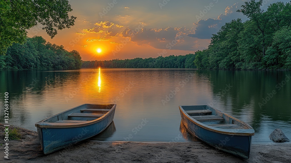 Obraz premium Peaceful Sunset on Lake with Rowboats