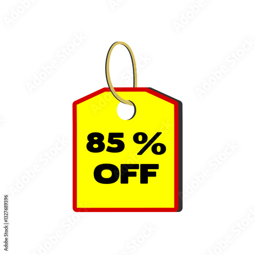 85% off yellow tag with red border, beige cord and white background
