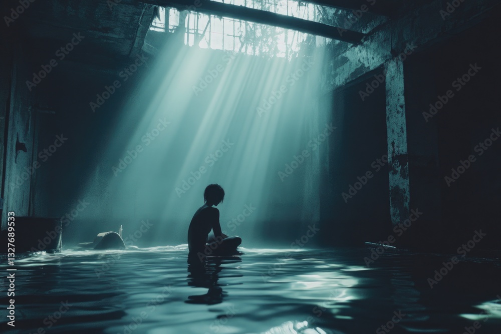 A person sitting in a pool of water with calm surroundings A person sitting in a pool of water with calm surroundings
