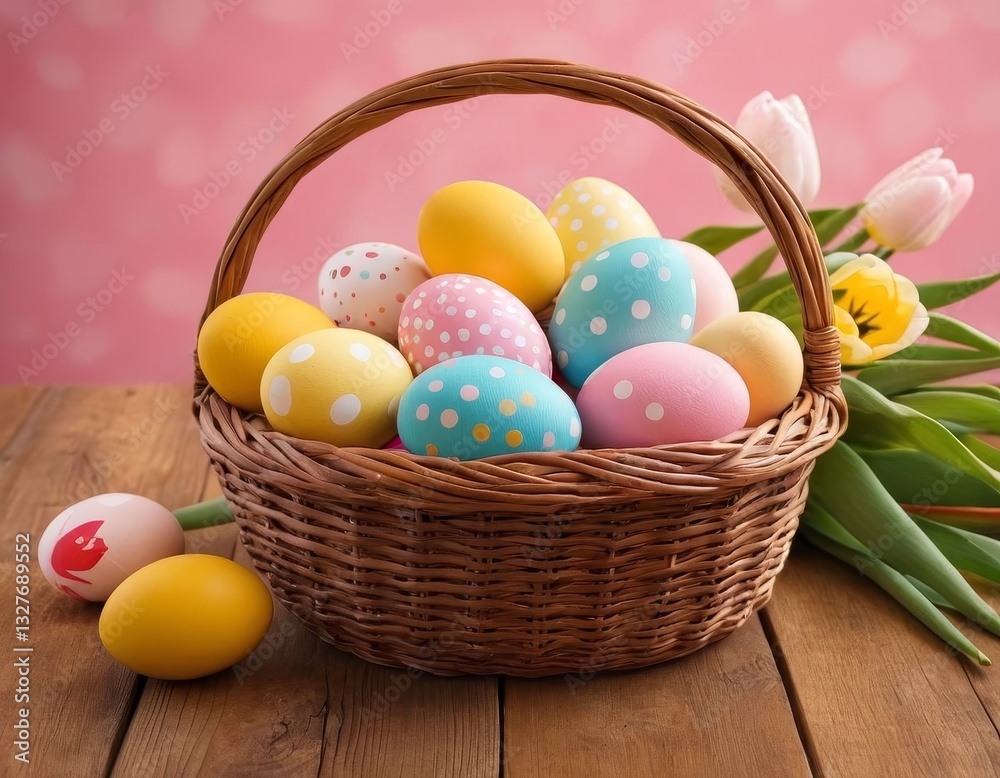 Naklejka premium Festive easter basket filled with colorful eggs and blooming tulips