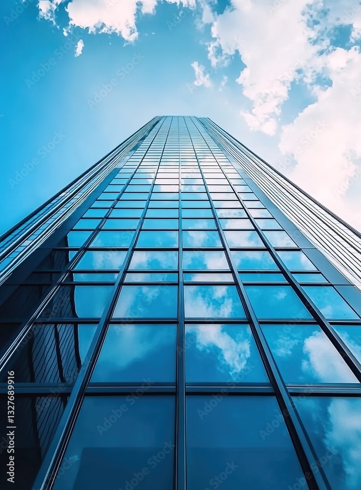 Obraz premium Low-angle photograph of a tall building with blue glass windows, against a blue sky background with clouds in the distance.