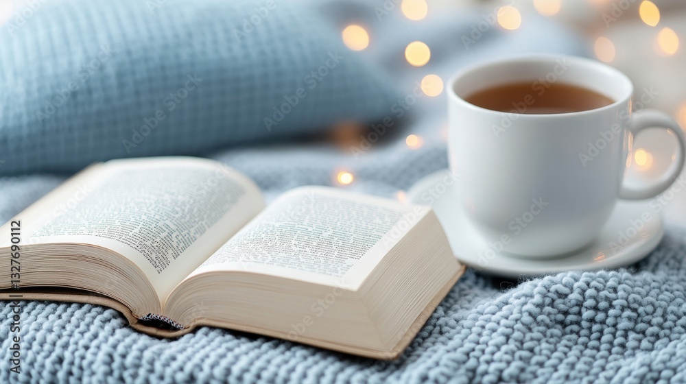 A soft knitted blanket, an open book, and a steaming cup of tea for a peaceful moment A soft knitted blanket, an open book, and a steaming cup of tea for a peaceful moment