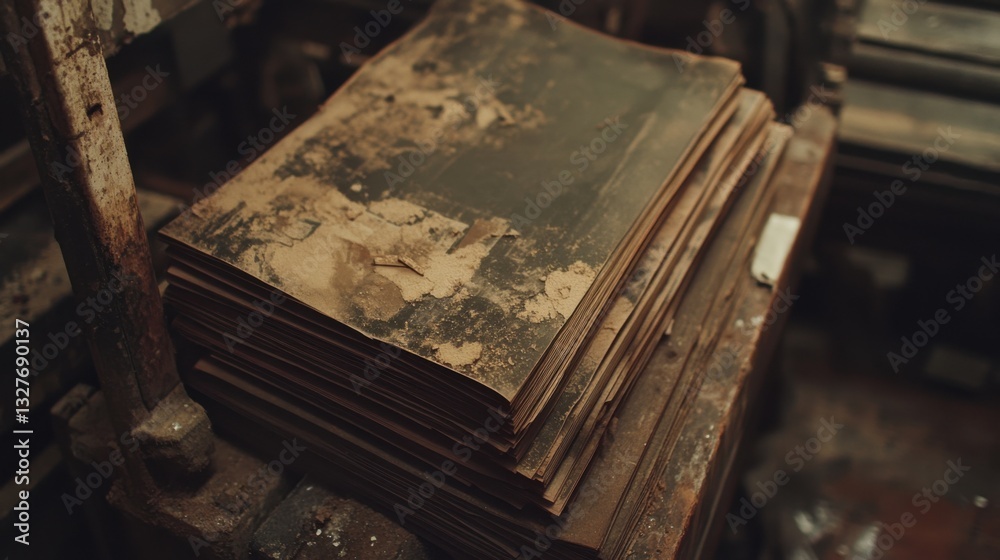 Obraz premium Dusty Stacks of Old Print Paper in Abandoned Print Shop Interior