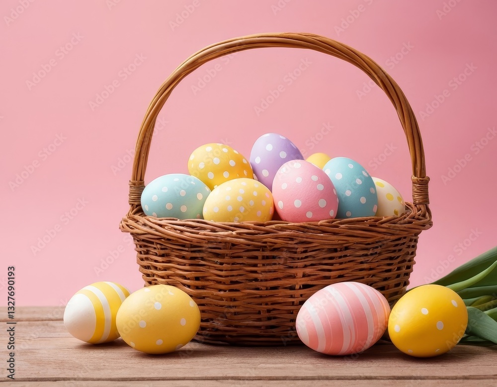 Colorful easter eggs in a basket against pink background studio shot Colorful easter eggs in a basket against pink background studio shot