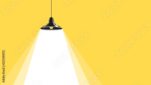 Detailed black silhouette of light lamp projector shine with scattered rays on the wall. Cinema background with place for text. Electric lamp icon. Template for banner, brochure, flyer, poster.