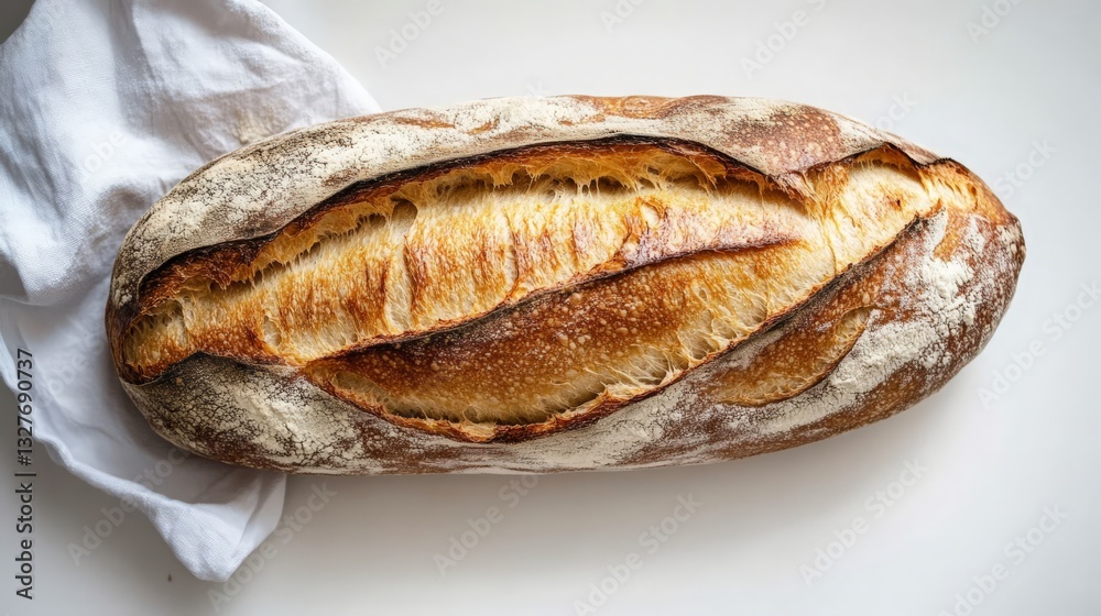 Freshly Baked Artisan Bread on a White Surface with a Soft Cloth Background, Perfect for Culinary Blogs, Recipe Books, and Bakery Promotions