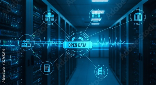 青白い光輝くサーバー室、オープンデータネットワーク広がる