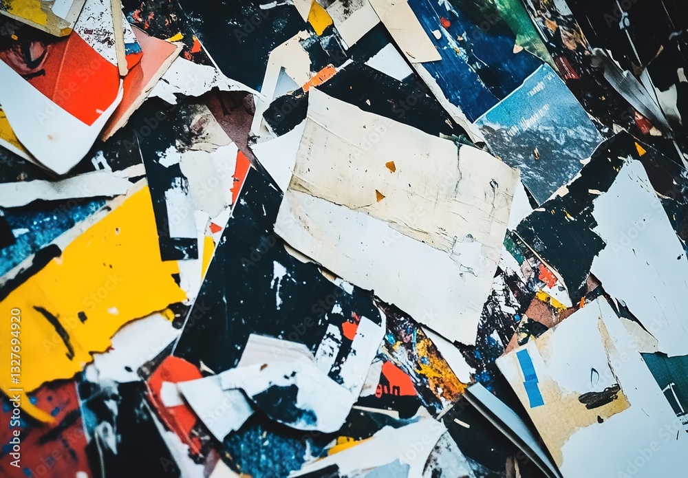 Fototapeta premium A pile of torn and cut-out posters on the floor, close-up, with various colors and shapes of paper, creating an artistic composition.