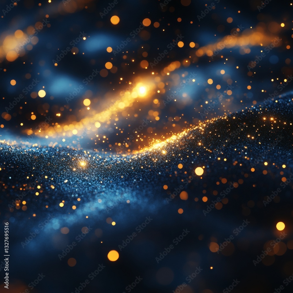 Fototapeta premium glowing golden particles over a blue background, representing stars, glitter, and magical textures. The composition has a dreamy feel.
