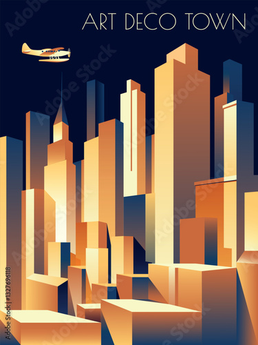 Cityscape of a commercial city with modern towers, industrial buildings, financial center and airplane in the sky. Handmade drawing vector illustration. Vintage Art Deco 1930s Style.