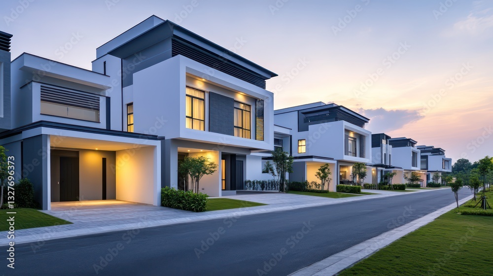 A series of stylish modern townhouses with minimalist white and gray exteriors, accent lighting highlighting their architectural elegance