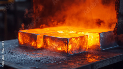 Hot square steel bloom in the forging process Generative AI