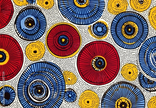 African wax print pattern with circular designs in red, blue, and yellow colors. 