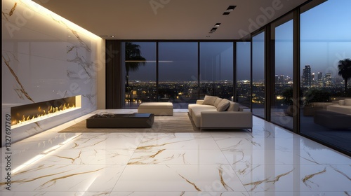 A sleek modern living room with white marble floors featuring gold veins