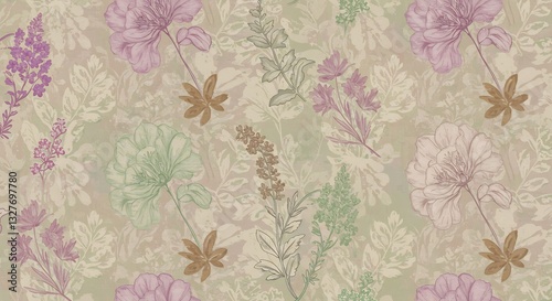 Wallpaper Mural 優美なパステルカラーの花柄 繊細な線画 穏やかな雰囲気 Torontodigital.ca