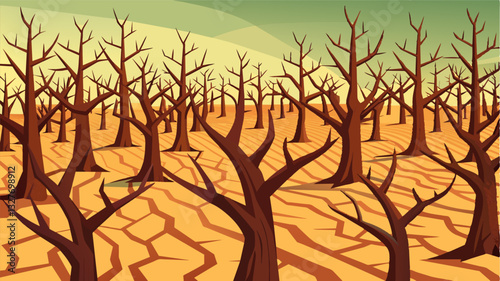 The once orderly rows of neatly pruned trees are now a chaotic jumble their twisted branches and barren limbs a physical representation of the chaos climate change has brought.. Vector illustration