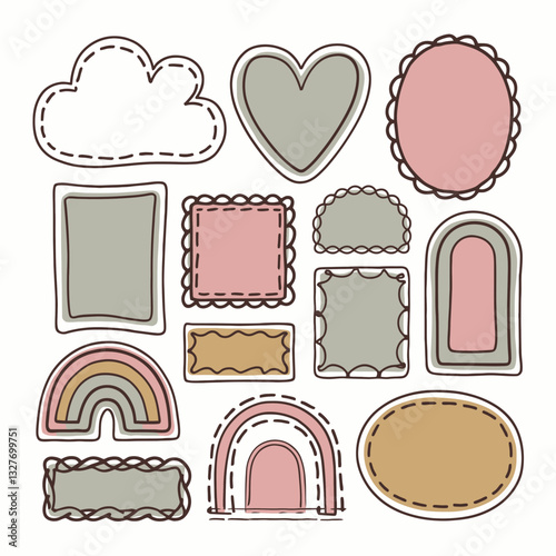 A collection of whimsical shapes, including a heart, rainbow, and cloud, appears in pastel colors with stitched outlines