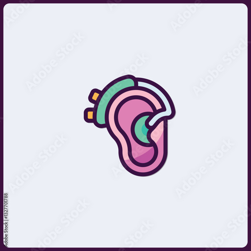 Stylized ear icon with hearing aid, colorful medical depiction symbol
