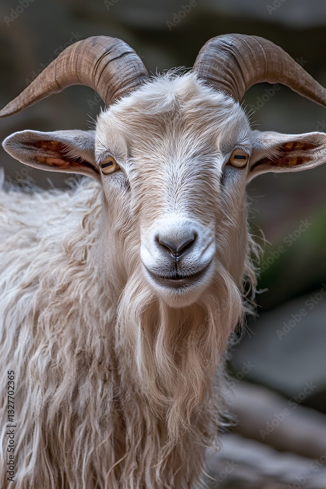 Obraz premium Portrait of a Fluffy White Goat with Curled Horns