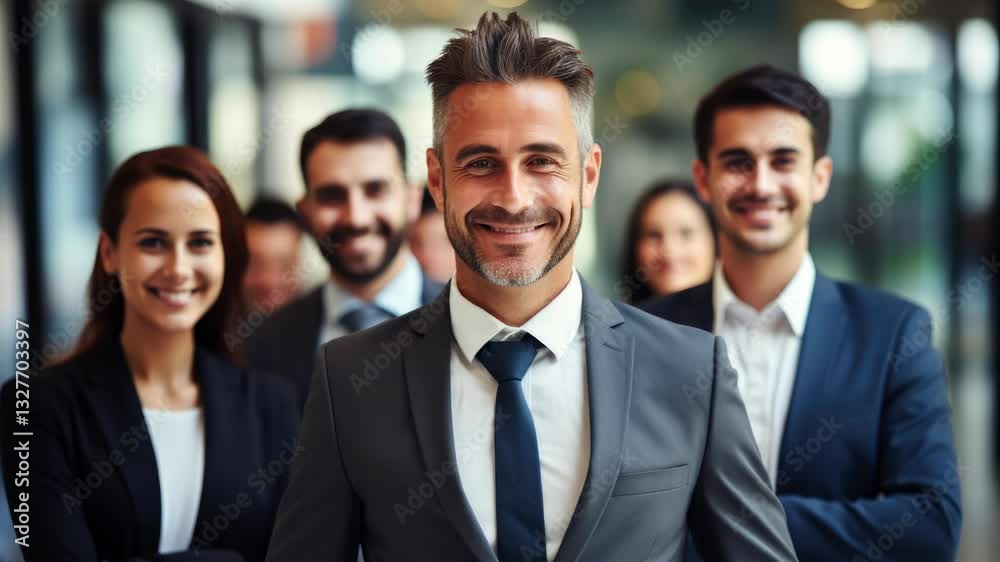 confident business team posing with it's leader at a corporate office. confident business team posing with it's leader at a corporate office.