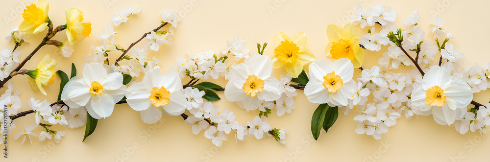 Fototapeta premium Festive banner with spring flowers, white daffodils and flowering cherry branches on a light yellow pastel background