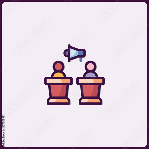 Debate Icon with Lecterns and Megaphone for Public Speaking Events