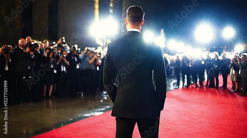  Man in Suit On Red Carpet in Front of Camera Flashes of Photographers Photographing Him, Celebrity  Event  Festival Concept