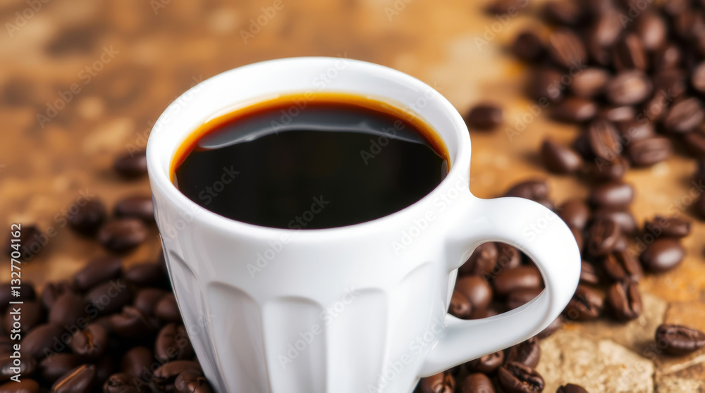 Black coffee in white cup with roasted coffee beans on rustic wooden table, close-up Black coffee in white cup with roasted coffee beans on rustic wooden table, close-up
