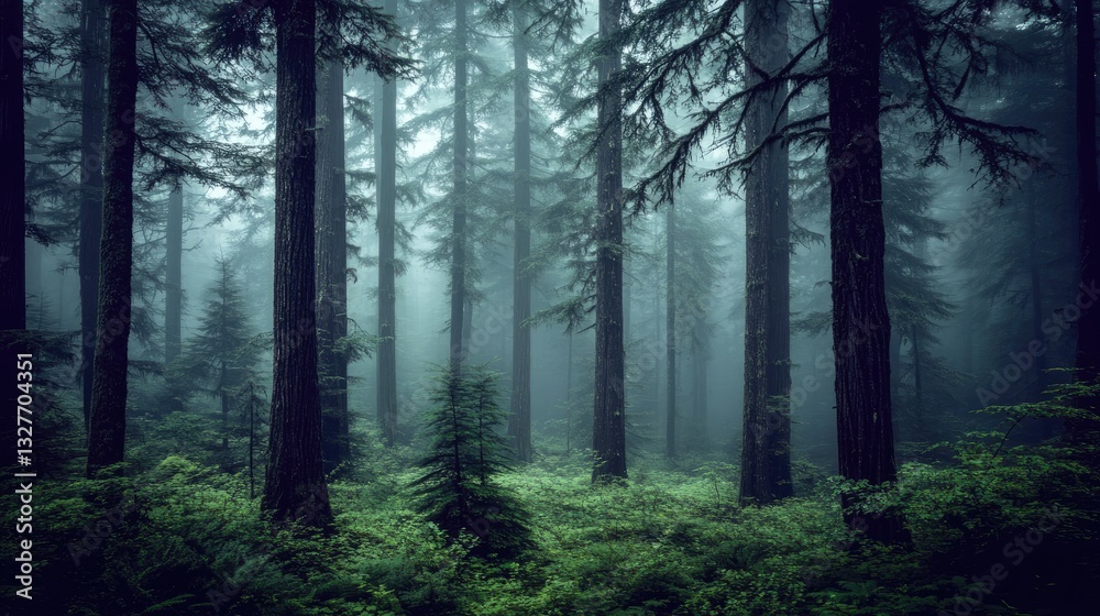 Fototapeta premium Misty forest scene, tall trees, tranquil
