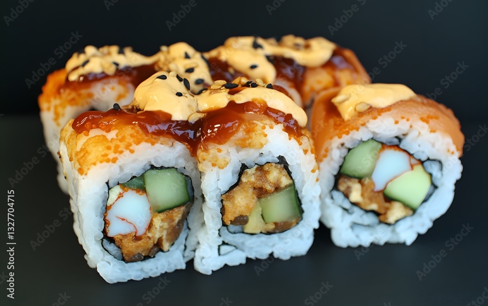 Delicious Sushi Rolls with Sesame Seeds and Sauce Delicious Sushi Rolls with Sesame Seeds and Sauce