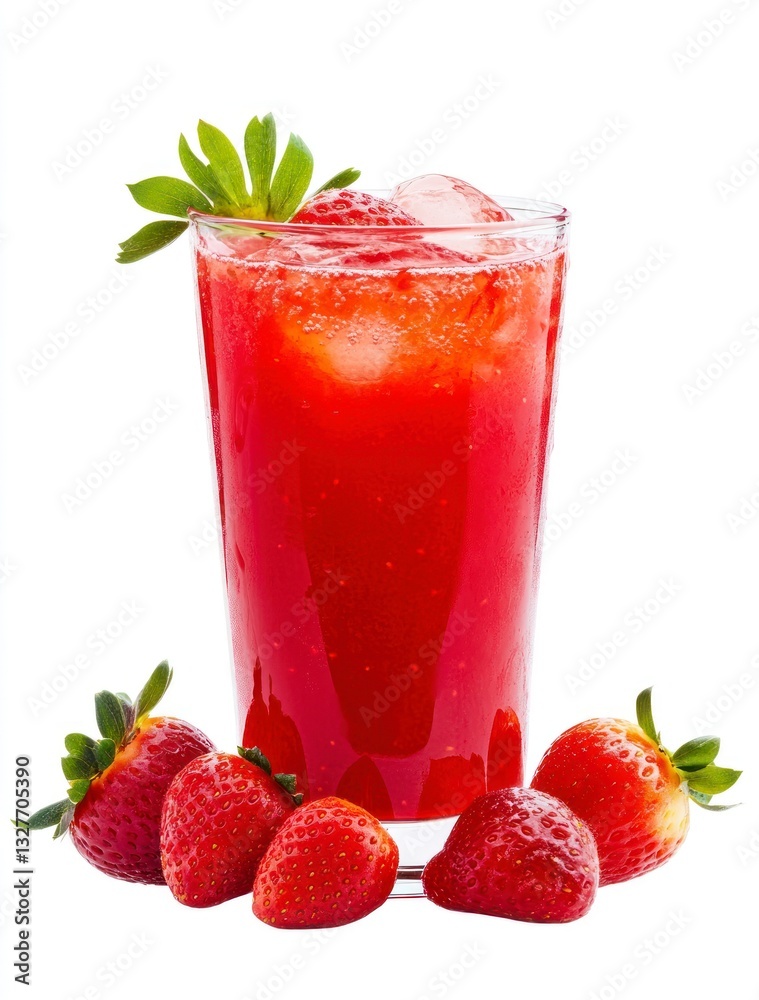 Refreshing Strawberry Drink with Ice in Glass on White Background Refreshing Strawberry Drink with Ice in Glass on White Background