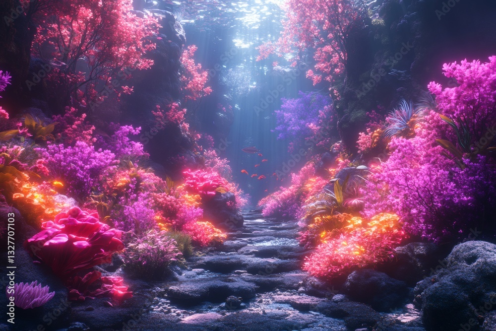 Obraz premium an enchanting underwater scenery, vibrant corals bloom in a spectrum of colors, and a stone pathway leading to the sunlight above