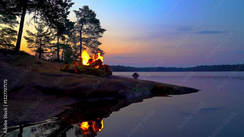 A cozy campfire burns on a rocky lakeshore during the white nights of summer solstice in Finland. Video with nature sounds for relaxation and meditation.