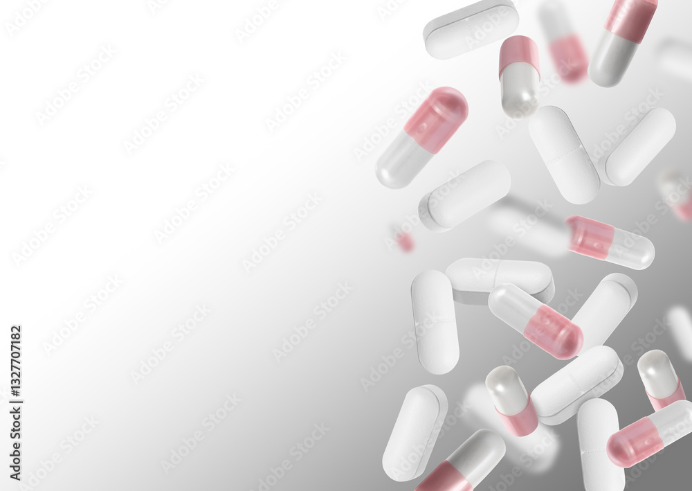 Many different pills flying on light grey gradient background, space for text Many different pills flying on light grey gradient background, space for text