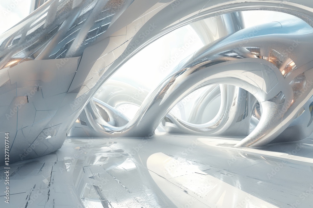 Fototapeta premium A futuristic cityscape with towering metallic structures, A futuristic sci-fi scene with metallic structures gleaming against a stark white background