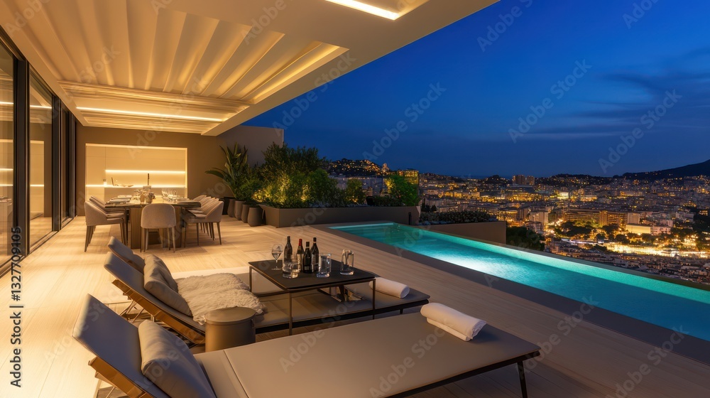 Fototapeta premium A stunning penthouse with a spacious outdoor pool, sleek lounge chairs, and a chic table set up for drinks