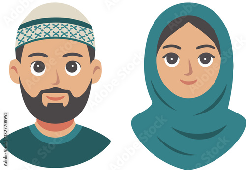 Diverse portraits of Arab men and women in traditional clothing cartoon flat style illustration