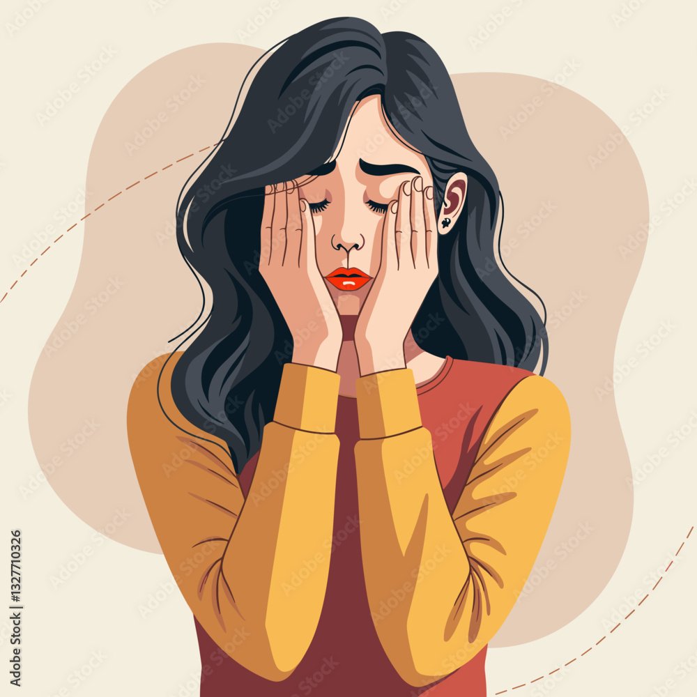 Shy woman covering face in vector illustration, emotional expression Shy woman covering face in vector illustration, emotional expression