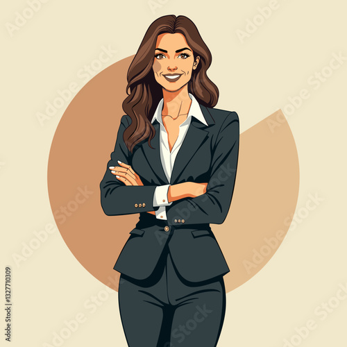 Confident woman standing in formal dress against geometric background, empowerment