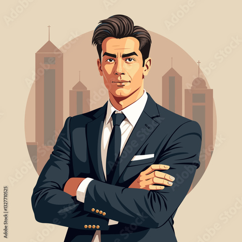 Confident man in business suit standing with arms crossed, professionalism