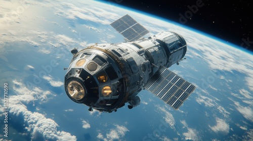 A detailed space station module orbiting Earth, with solar panels extended and a breathtaking view of the planet’s curvature, symbolizing space technology and exploration