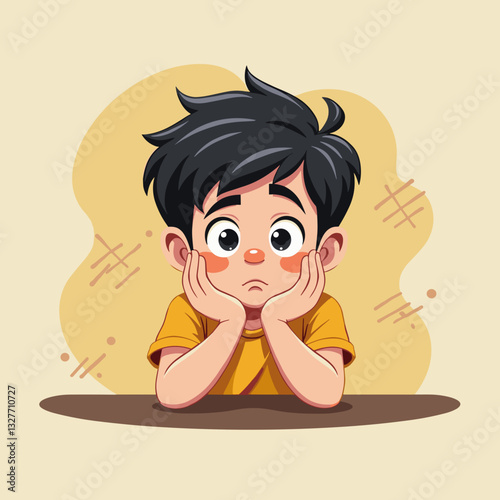 Bored child resting chin on hands in minimalistic background, contemplation